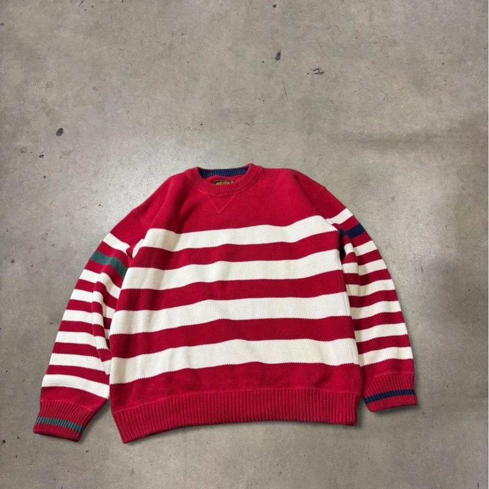 Vintage Eddie Bauer Mens Red White Striped Knit Sweater Small Crewneck